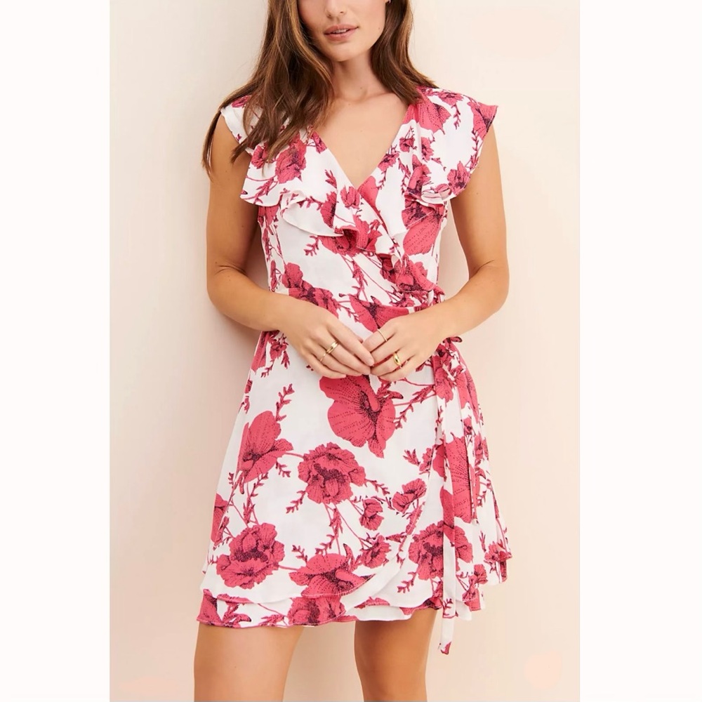 Free People French Quarter Wrap Mini Dress in Pink / Cream Combo Floral - Medium